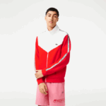 Men Lacoste V0ZN19 Red White 75S Classic Fit Colorblock Zipped Sweatshirt