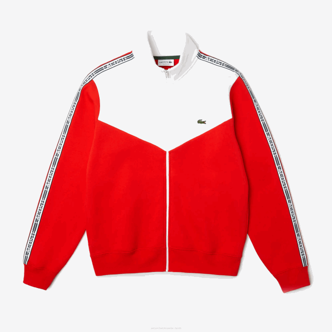 Men Lacoste V0ZN19 Red White 75S Classic Fit Colorblock Zipped Sweatshirt - Image 3