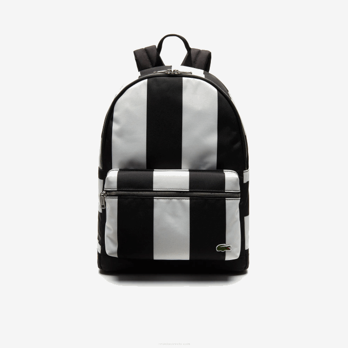 Men Lacoste V0ZN2055 Noir Blanc 279 LIVE Detachable Pouch Striped Backpack - Image 2