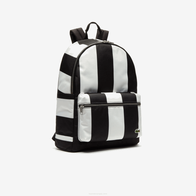 Men Lacoste V0ZN2055 Noir Blanc 279 LIVE Detachable Pouch Striped Backpack - Image 4