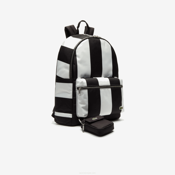 Men Lacoste V0ZN2055 Noir Blanc 279 LIVE Detachable Pouch Striped Backpack - Image 5