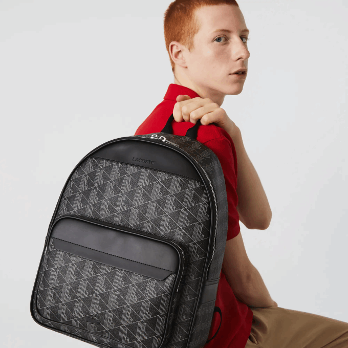 Men Lacoste V0ZN2058 Monogram Noir Gris H45 The Blend Monogram Canvas Backpack - Image 2