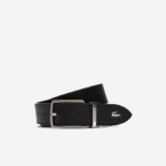 Men Lacoste V0ZN2098 Black 000 Engraved Buckle Grained Leather Belt