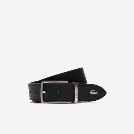 Men Lacoste V0ZN2098 Black 000 Engraved Buckle Grained Leather Belt