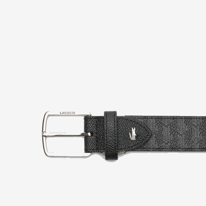 Men Lacoste V0ZN2099 Monogram Noir Gris H45 Monogram Tongue Buckle Woven Belt - Image 3