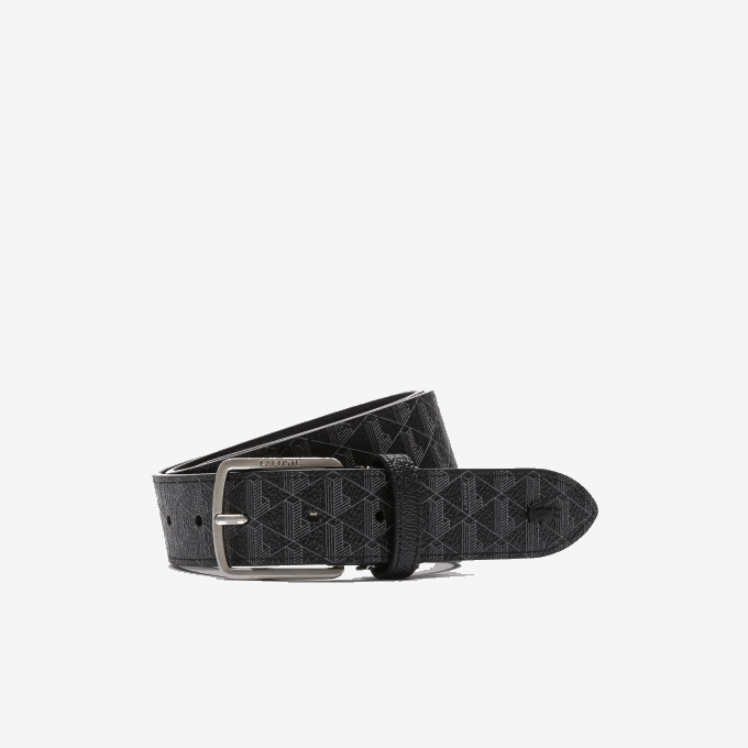 Men Lacoste V0ZN2099 Monogram Noir Gris H45 Monogram Tongue Buckle Woven Belt - Image 1