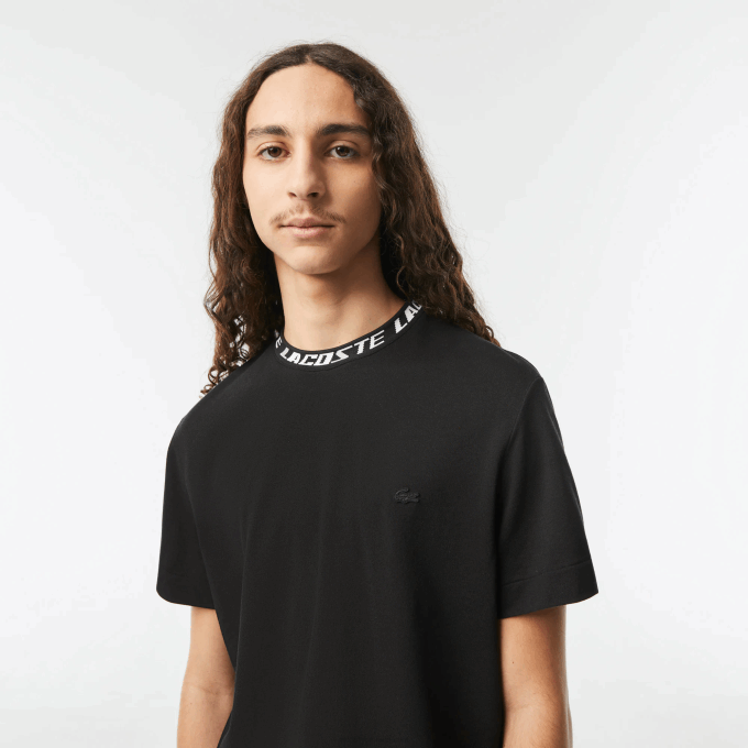Men Lacoste V0ZN209 Black 031 Regular Fit Branded Collar T-Shirt - Image 2