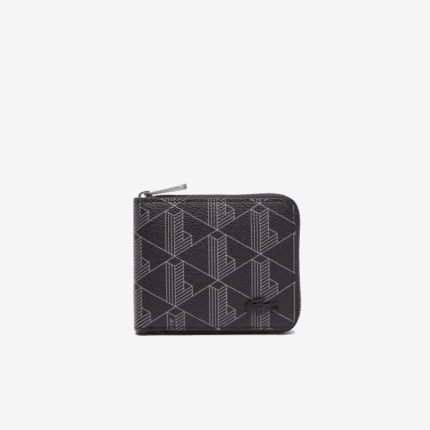 Men Lacoste V0ZN2126 Monogram Noir Gris H45 Monogram Print Small Zip Wallet
