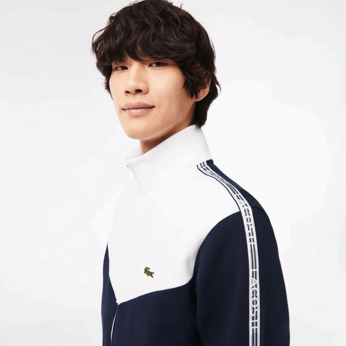Men Lacoste V0ZN21 Navy Blue White 525 Classic Fit Colorblock Zipped Sweatshirt - Image 2