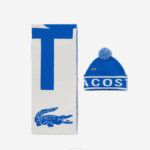 Men Lacoste V0ZN2296 Blue White VMZ Jacquard Knit Beanie And Scarf Gift Set