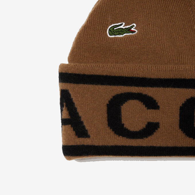 Men Lacoste V0ZN2297 Brown Black XP9 Jacquard Knit Beanie And Scarf Gift Set - Image 2