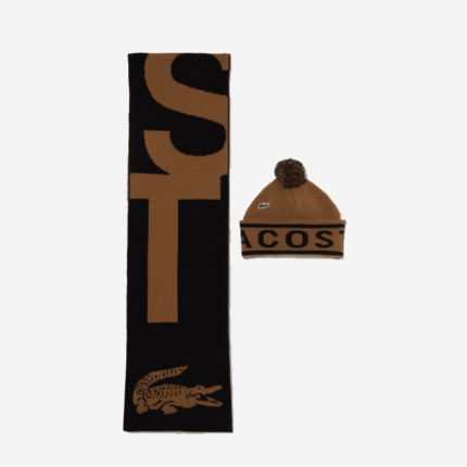 Men Lacoste V0ZN2297 Brown Black XP9 Jacquard Knit Beanie And Scarf Gift Set