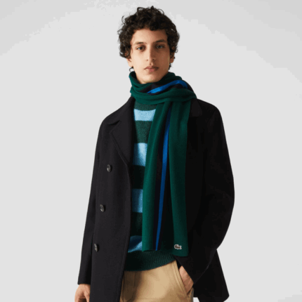Men Lacoste V0ZN2299 Green Navy Blue 0WA Sports Striped Wool Scarf