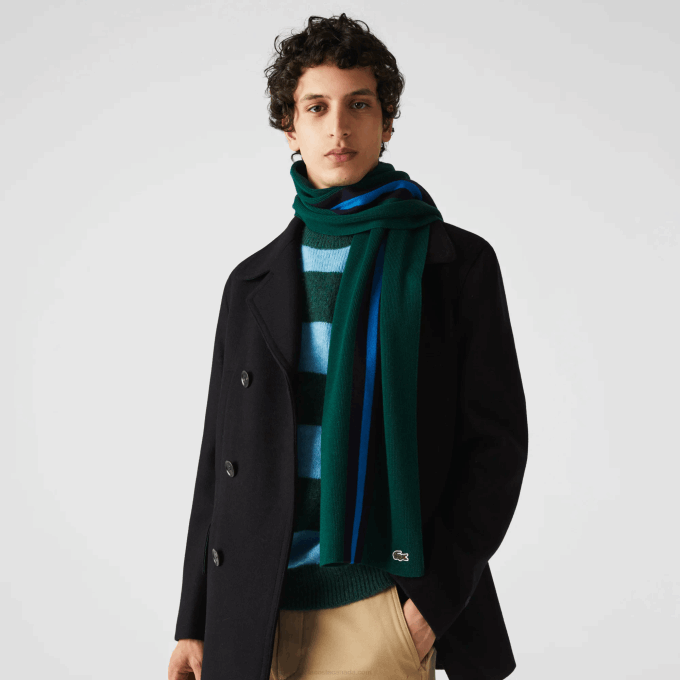 Men Lacoste V0ZN2299 Green Navy Blue 0WA Sports Striped Wool Scarf - Image 1