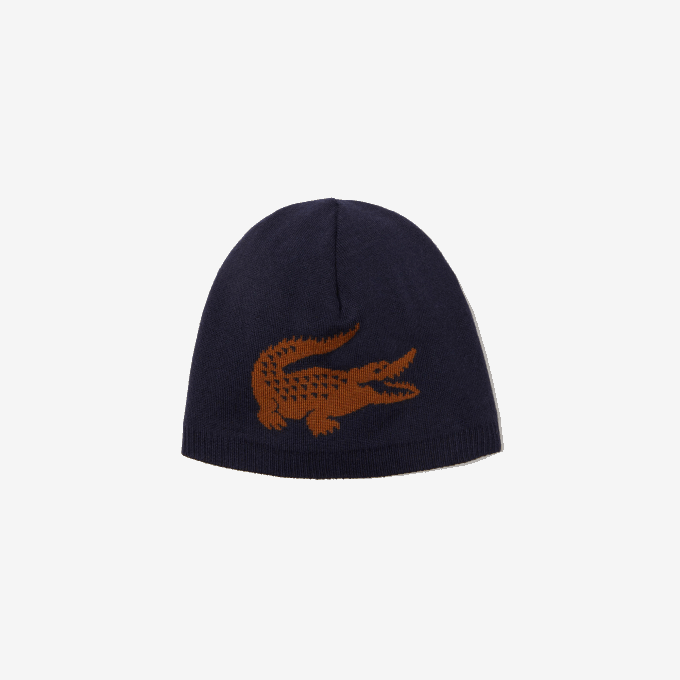 Men Lacoste V0ZN2309 Navy Blue Brown 1DY Jacquard Crocodile Wool Beanie - Image 1