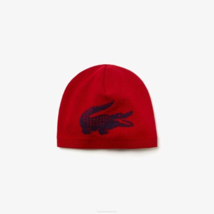 Men Lacoste V0ZN2310 Bordeaux 1EK Jacquard Crocodile Wool Beanie