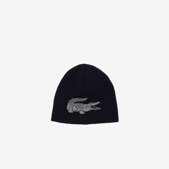 Men Lacoste V0ZN2346 Navy Blue Grey Chine 0PH Contrast Crocodile Reversible Beanie - Image 1
