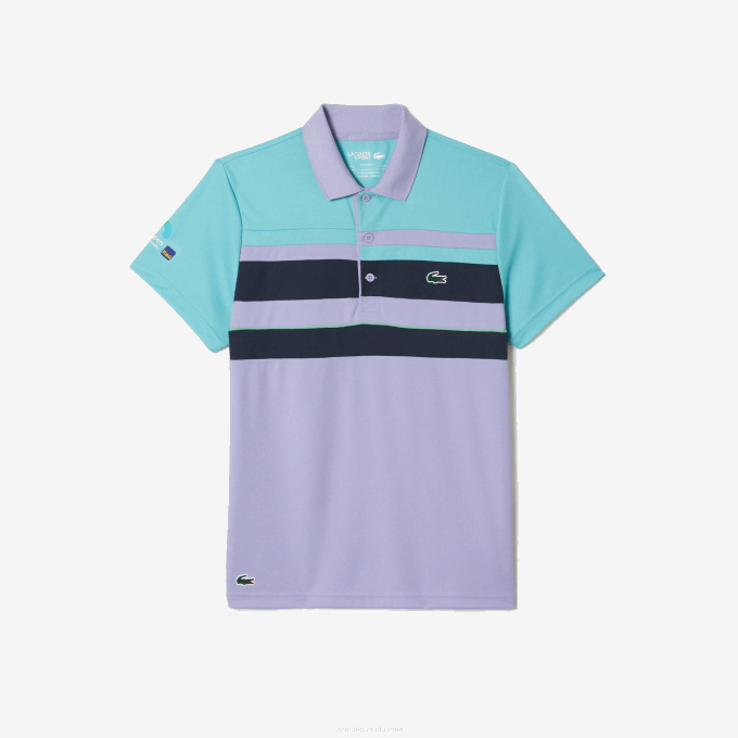 Men Lacoste V0ZN240 Turquoise Blue Purple T2I Sport Miami Open Edition Stripe Polo - Image 3