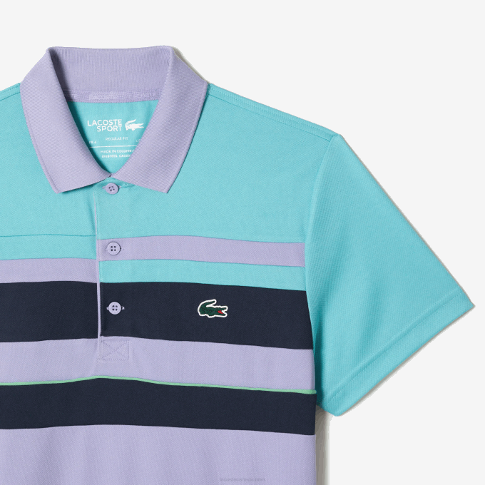Men Lacoste V0ZN240 Turquoise Blue Purple T2I Sport Miami Open Edition Stripe Polo - Image 4