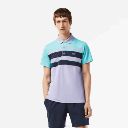 Men Lacoste V0ZN240 Turquoise Blue Purple T2I Sport Miami Open Edition Stripe Polo