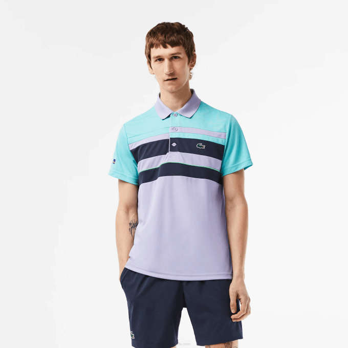Men Lacoste V0ZN240 Turquoise Blue Purple T2I Sport Miami Open Edition Stripe Polo - Image 1