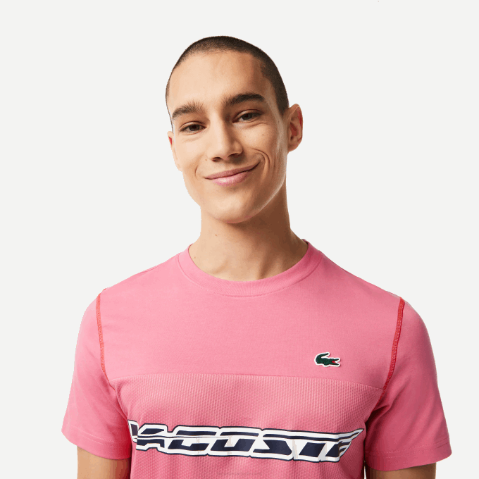Men Lacoste V0ZN24 Pink Red Blue C1Y Tennis x Daniil Medvedev Jersey T-Shirt - Image 2