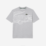 Men Lacoste V0ZN253 Grey Chine CCA Round Neck Loose Fit Crocodile Print T-Shirt - Image 4