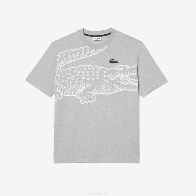 Men Lacoste V0ZN253 Grey Chine CCA Round Neck Loose Fit Crocodile Print T-Shirt - Image 4