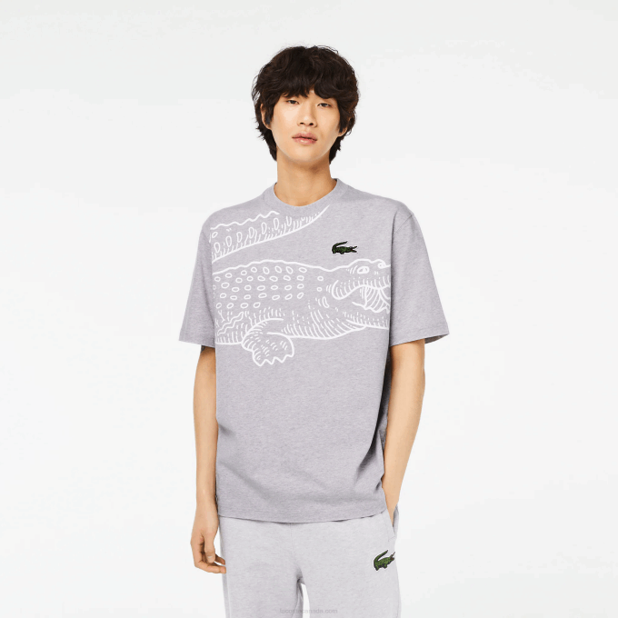 Men Lacoste V0ZN253 Grey Chine CCA Round Neck Loose Fit Crocodile Print T-Shirt - Image 1