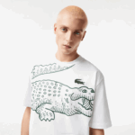 Men Lacoste V0ZN254 White 001 Round Neck Loose Fit Crocodile Print T-Shirt - Image 2
