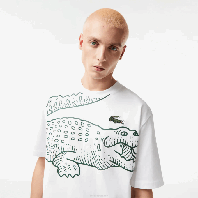 Men Lacoste V0ZN254 White 001 Round Neck Loose Fit Crocodile Print T-Shirt - Image 2