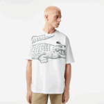 Men Lacoste V0ZN254 White 001 Round Neck Loose Fit Crocodile Print T-Shirt