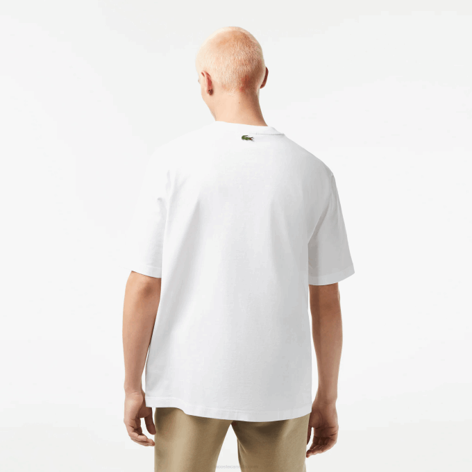 Men Lacoste V0ZN254 White 001 Round Neck Loose Fit Crocodile Print T-Shirt - Image 3