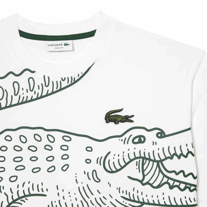 Men Lacoste V0ZN254 White 001 Round Neck Loose Fit Crocodile Print T-Shirt - Image 5