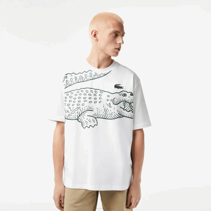 Men Lacoste V0ZN254 White 001 Round Neck Loose Fit Crocodile Print T-Shirt - Image 1