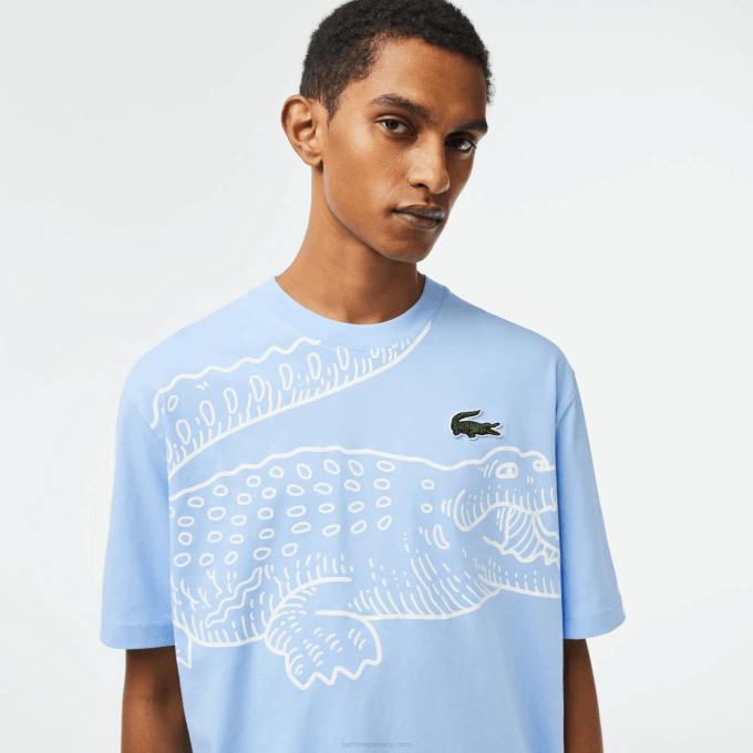 Men Lacoste V0ZN255 Blue HBP Round Neck Loose Fit Crocodile Print T-Shirt - Image 2