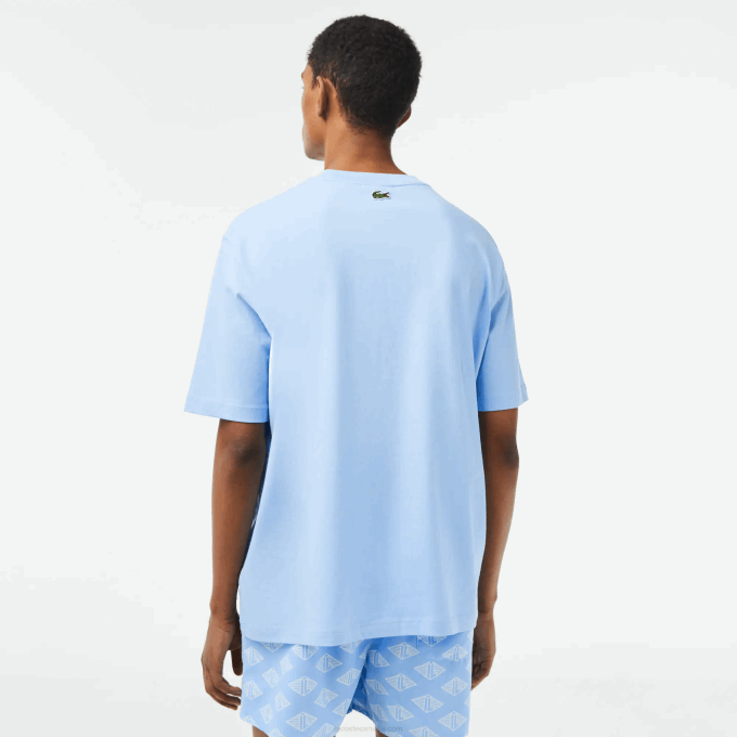 Men Lacoste V0ZN255 Blue HBP Round Neck Loose Fit Crocodile Print T-Shirt - Image 3