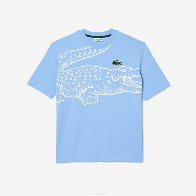 Men Lacoste V0ZN255 Blue HBP Round Neck Loose Fit Crocodile Print T-Shirt - Image 4