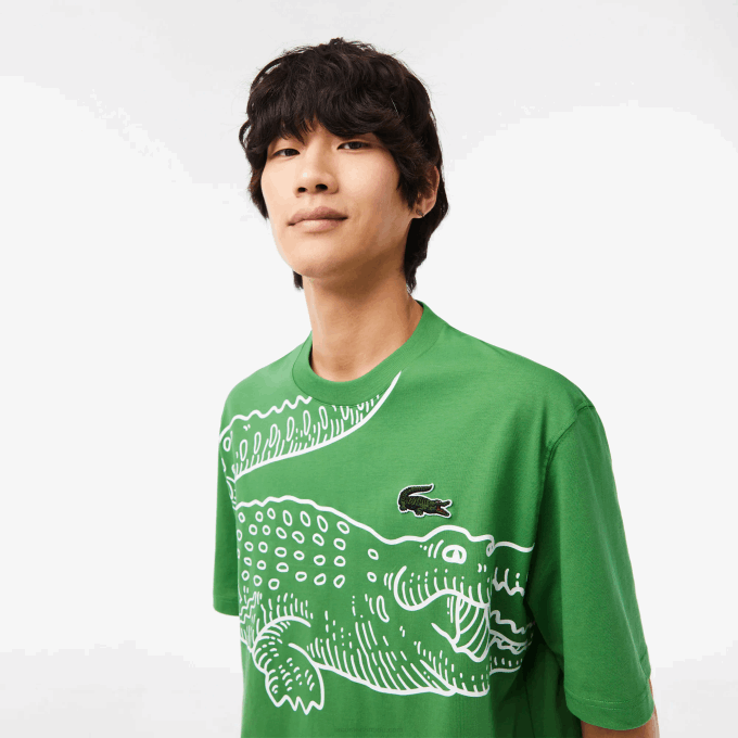 Men Lacoste V0ZN256 Green L94 Round Neck Loose Fit Crocodile Print T-Shirt - Image 2