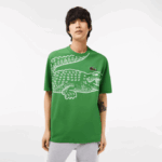 Men Lacoste V0ZN256 Green L94 Round Neck Loose Fit Crocodile Print T-Shirt