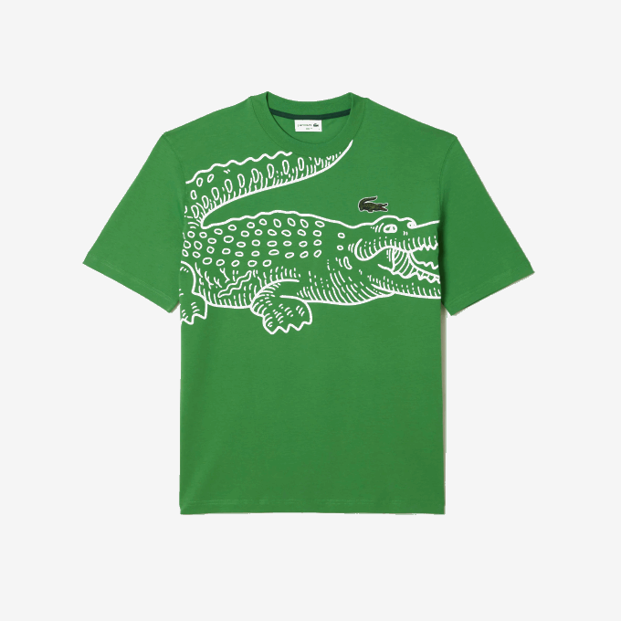 Men Lacoste V0ZN256 Green L94 Round Neck Loose Fit Crocodile Print T-Shirt - Image 3