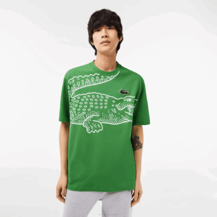 Men Lacoste V0ZN256 Green L94 Round Neck Loose Fit Crocodile Print T-Shirt
