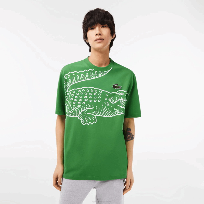 Men Lacoste V0ZN256 Green L94 Round Neck Loose Fit Crocodile Print T-Shirt - Image 1