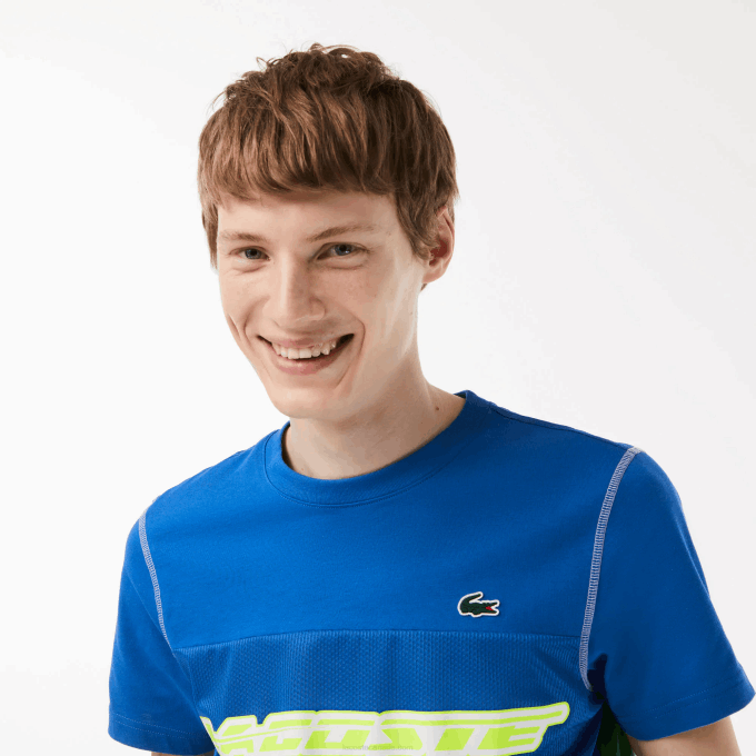 Men Lacoste V0ZN25 Blue Green White Yellow BUC Tennis x Daniil Medvedev Jersey T-Shirt - Image 2