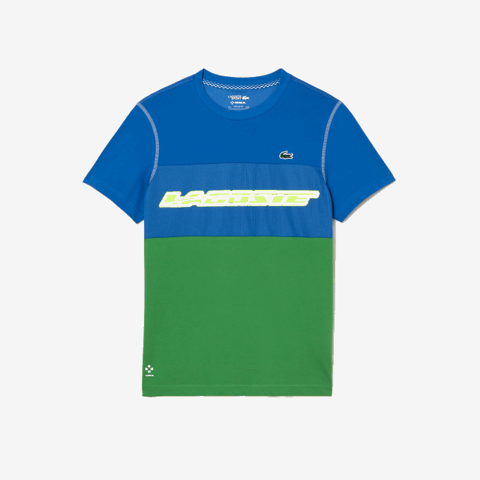 Men Lacoste V0ZN25 Blue Green White Yellow BUC Tennis x Daniil Medvedev Jersey T-Shirt - Image 4