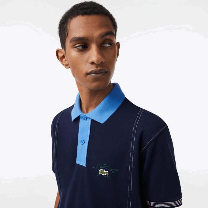 Men Lacoste V0ZN262 Navy Blue F65 Two-Tone Organic Cotton Polo - Image 2