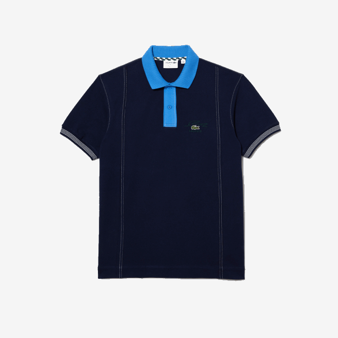 Men Lacoste V0ZN262 Navy Blue F65 Two-Tone Organic Cotton Polo - Image 4
