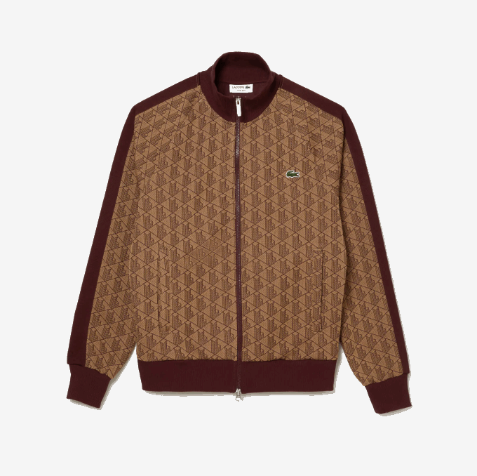 Men Lacoste V0ZN275 Beige Bordeaux MKJ Regular Fit Monogram Print Zip Sweatshirt - Image 1