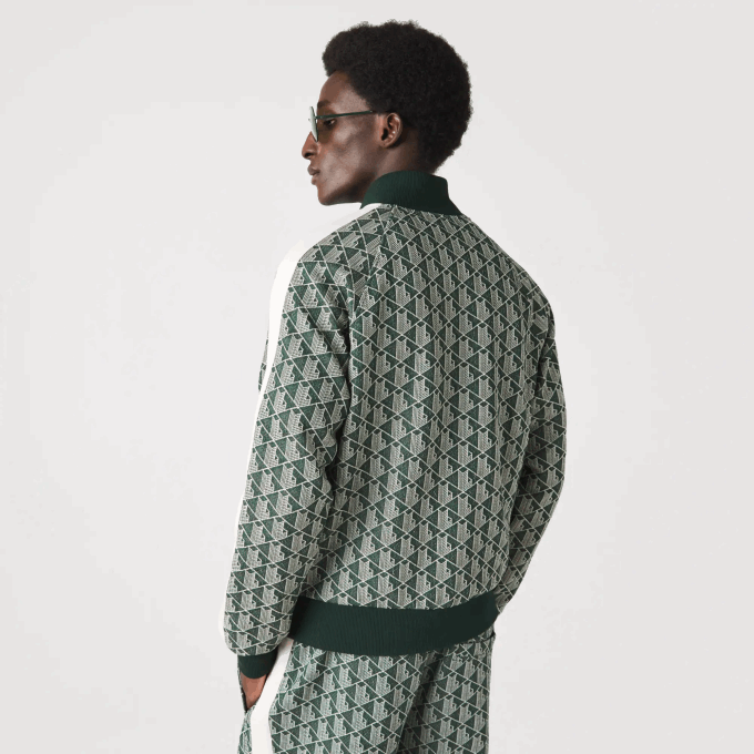 Men Lacoste V0ZN276 Green Beige 7M4 Regular Fit Monogram Print Zip Sweatshirt - Image 2