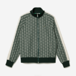 Men Lacoste V0ZN276 Green Beige 7M4 Regular Fit Monogram Print Zip Sweatshirt - Image 3